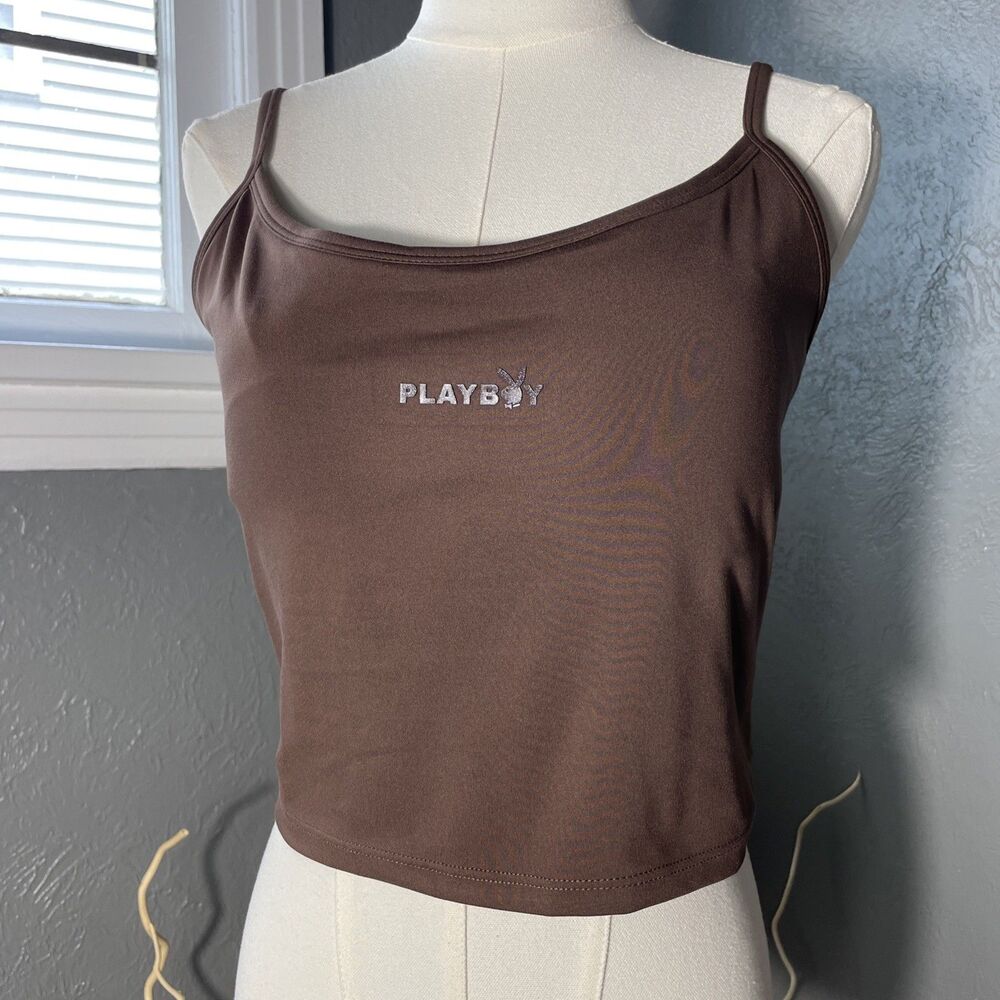 Playboy Sports Bra Adjustable Spagetti Straps Brown Bunny Logo Crop Top XL
